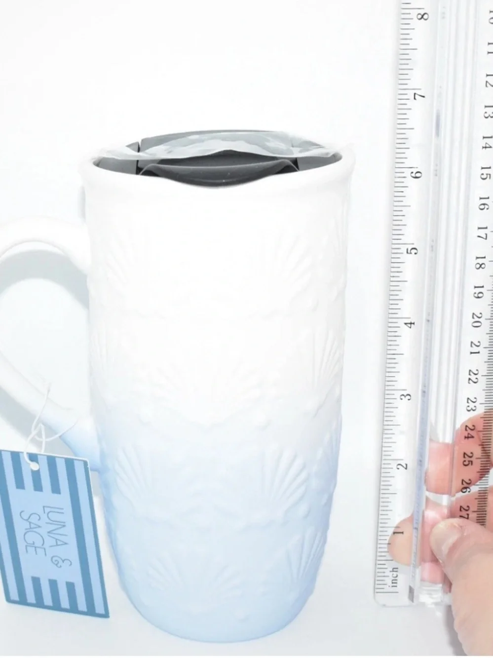 Luna & Sage Blue Matte Ombre 3D Seashell Ceramic Travel Mug With Lid NWT!
